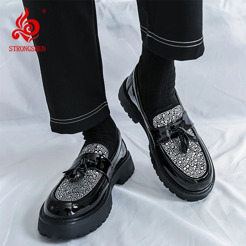 Men Shoes Fashion Loafers Casual Business Oxford Shoes Slip-On Tassel Rhinestone Dress Wedding Shoes Non-slip Thick Soled Shoes