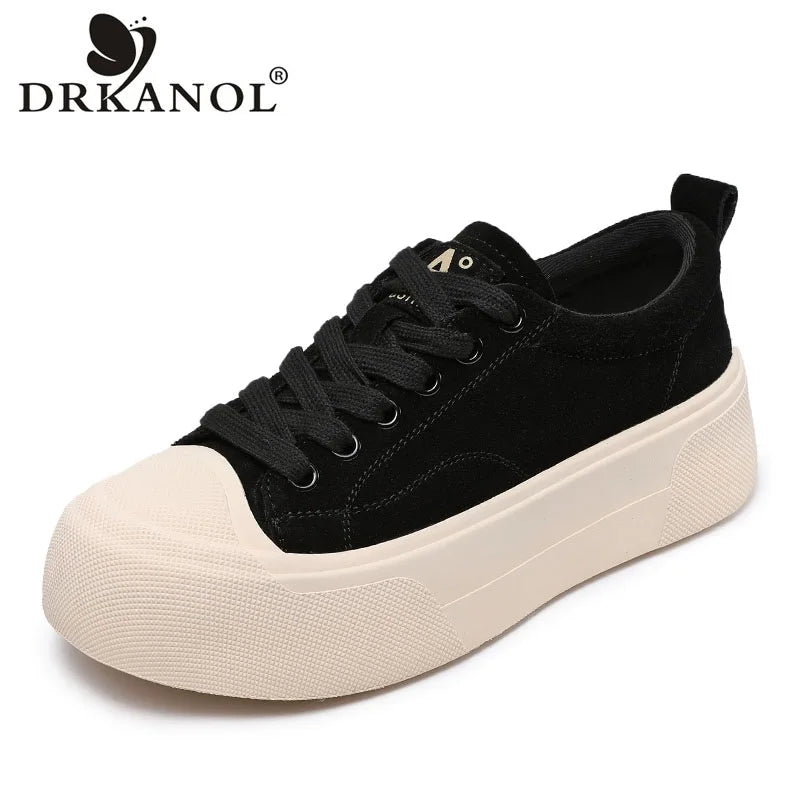 DRKANOL 2025 Fashion Women Flat Platform Shoes Spring Lace-Up Quality Cow Suede Round Toe Casual Sneakers Ladies Board Shoes