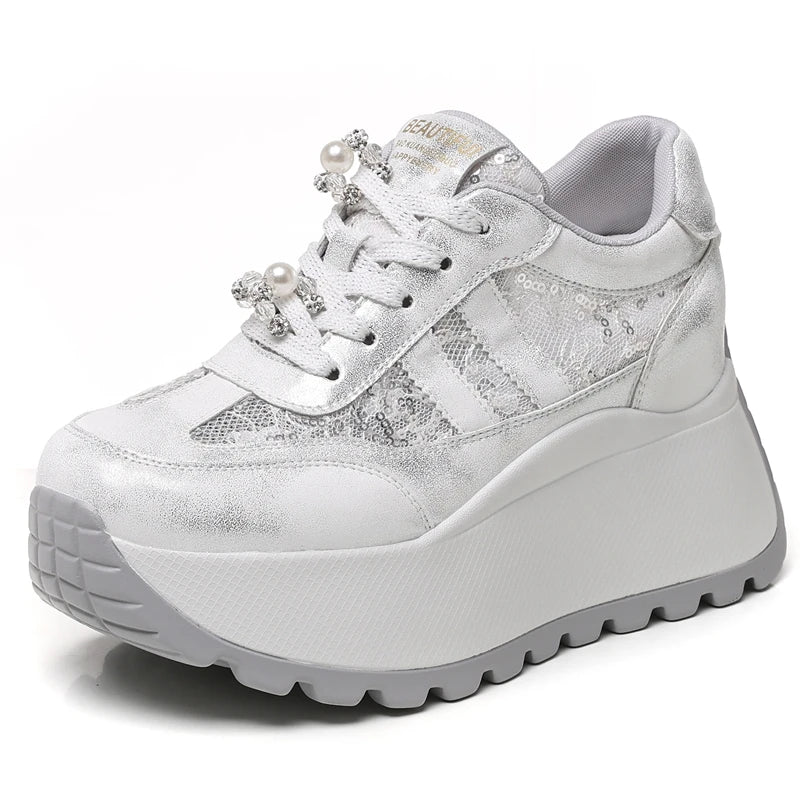 AUTUSPIN 7.5cm Women Lace Shoes Summer Breathable Microfiber Leather Splicing High Platform Skateboard Sneakers Oudoor Tide