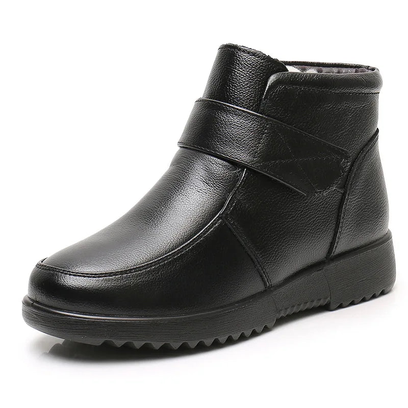 WOIZGIC Women's Ladies Mother Female Genuine Leather Ankle Shoes Platform Boots Winter Fur Plush Round Toe Non Slip Hook Loop