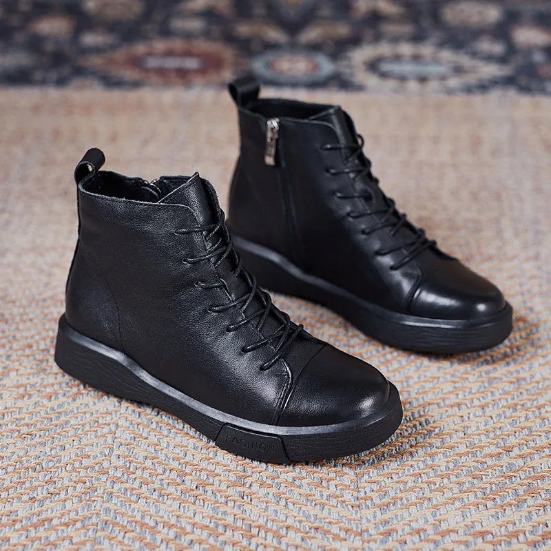 DRKANOL 2025 Fashion Women Flat Ankle Boots 100% Cow Genuine Leather Round Toe Autumn Winter Warm Casual Short Boots Black Brown