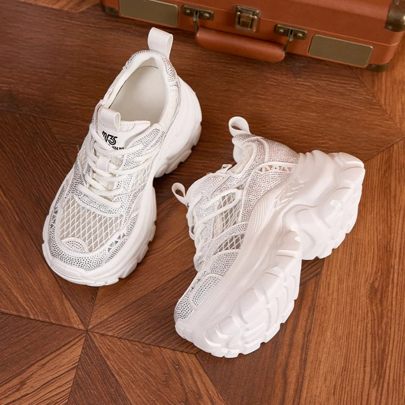 AUTUSPIN 9cm Women Internal Heighten Shoes Summer Patchwork Mesh Crystal Shiny Shoes Ladies Thick Bottom Platform Chunky Sneaker
