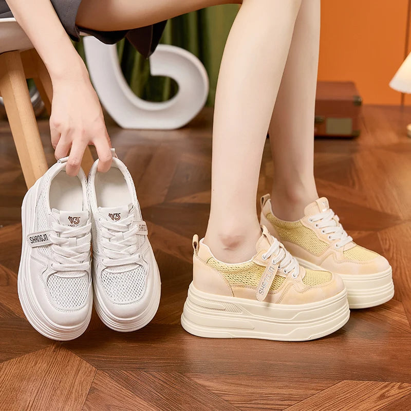 AUTUSPIN Yellow Popular Platform Sneakers Women 2025 Summer Fashion Internal Heighten Ladies Shoes Shiny Bling Mesh Footwear
