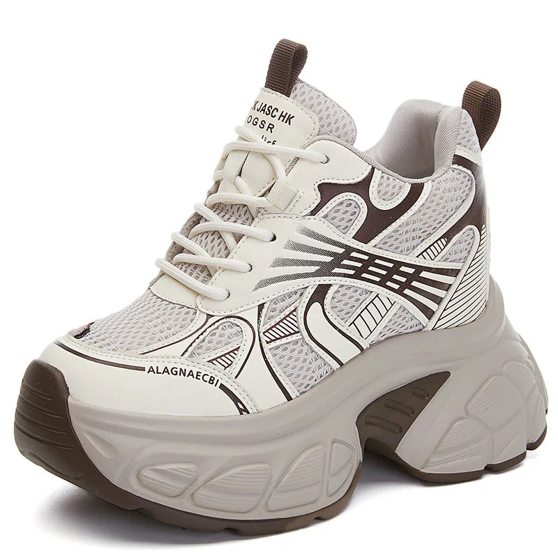 Fujin 12cm 2025 Air Mesh Synthetic Genuine Leather Platform Wedge Flats Women Vulcanize Hollow Summer Chunky Sneakers Shoes