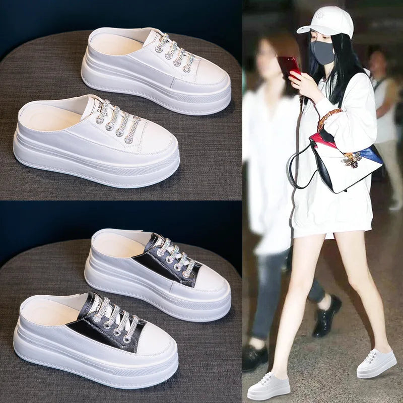 Fujin 7.5cm Genuine Leather Women Slipper Summer Shoes Platform Wedge Beach Shoes Mule Leather Slip on Sneakers Sandals Shoes