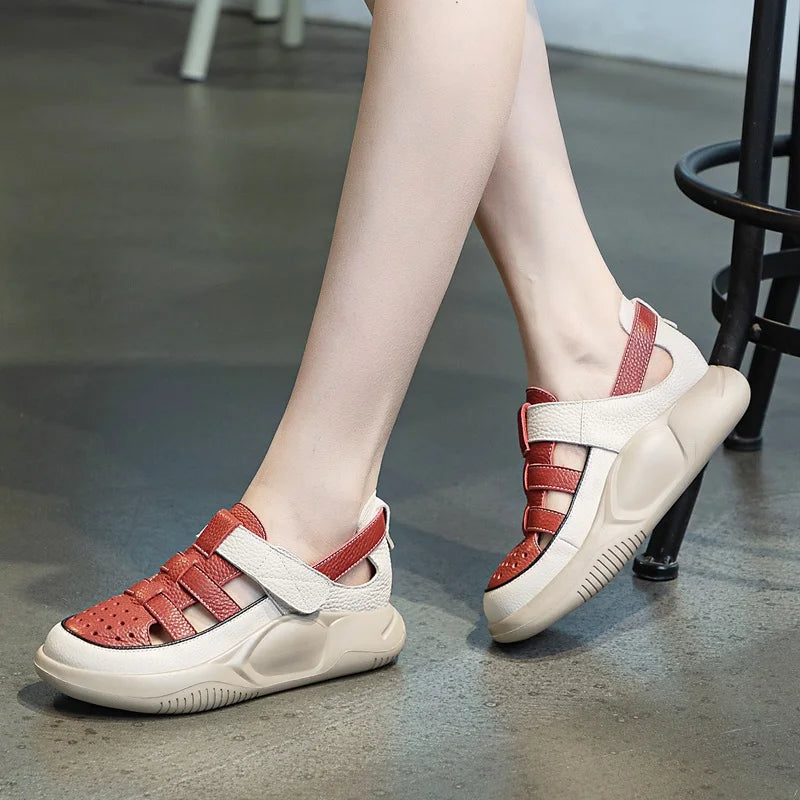 DRKANOL 2025 Women Genuine Leather Sandals Summer Hollow Thick Sole Platform Casual Sandals Outside Lightweight Wedges Sandals