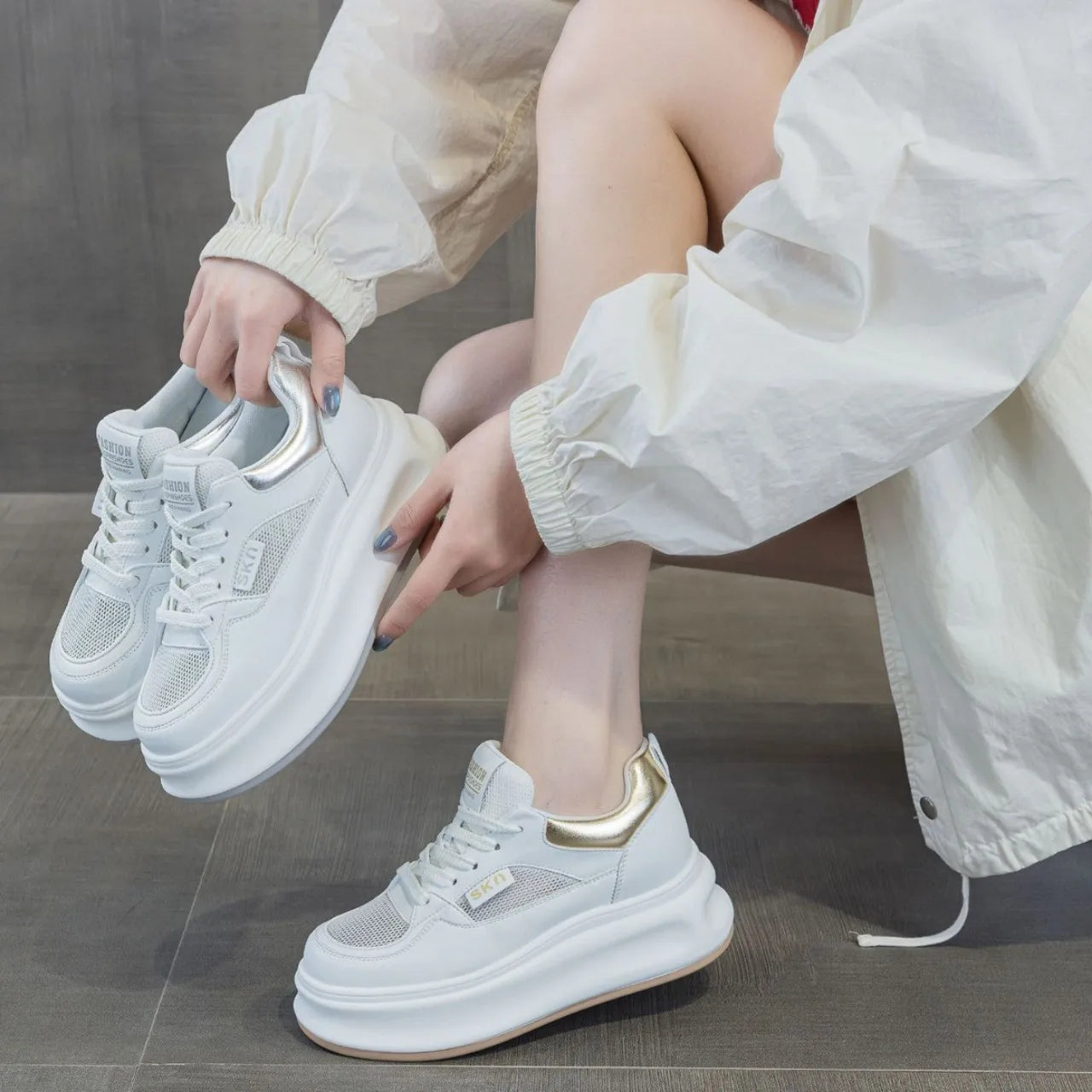 Fujin 6.5cm Air Mesh Genuine Leather Fashion Canvas Shoes Breathable Women Vulcanize Chunky Sneaker Platform Wedge Women's Shoes