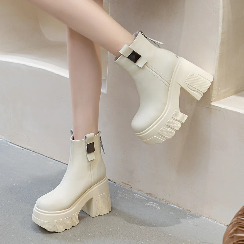 Autuspin 11cm High Platform Thick Heels Women Sexy Mature Nightclub Ankle Boots Ladies Split Leather Woman Fashion Shoes Booties