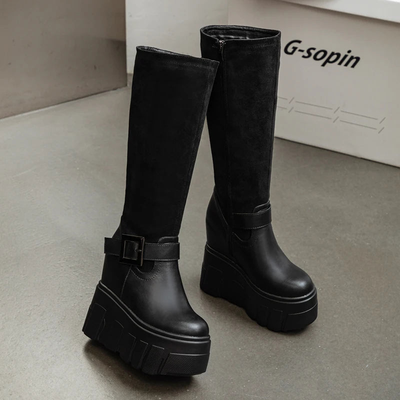 AUTUSPIN 9cm High Wedges Heeled Ankle Boots Women Fashion Long Knee-high Boots Female Wedding Party Sexy Black Warm Shoes Winter