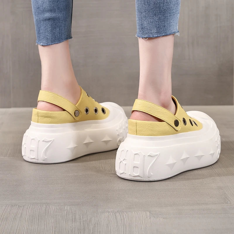 AUTUSPIN Summer Hollow Sandals for Women Fashion Design Female Soft Leather Mules Shoes Ladies Beach Platform Chunky Slippers