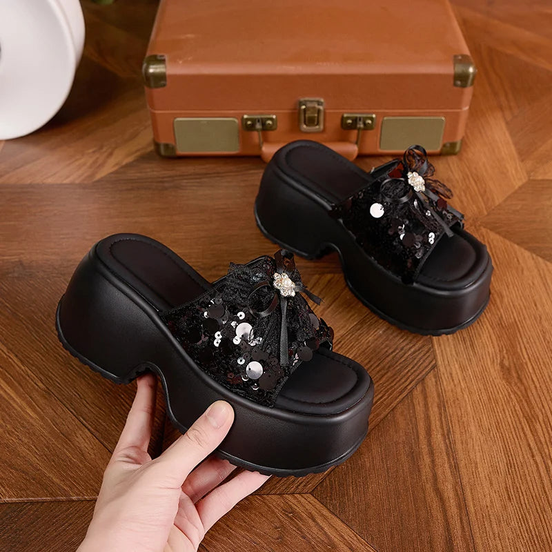 AUTUSPIN 8cm Bling Slippers Summer White Shoes Women Outdoor Sequined Cloth Ladies Shoes High Wedges Heels Slides Woman 34-39