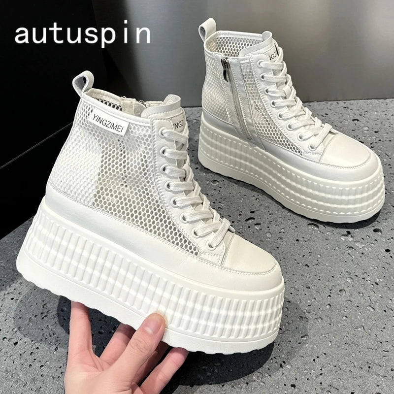 Autuspin Summer Women's Boots 2024 Fashion Breathable Mesh Shoes High Flats Platform Ladies Ankle Boot Women Trend Chunky Shoes