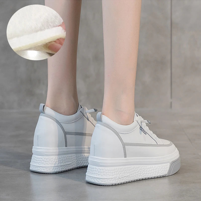 Fujin 7cm Genuine Leather Platform Wedge Winter Women Fashion Canvas Breathable Lady Super High Mixed Color Leisure Single Shoes