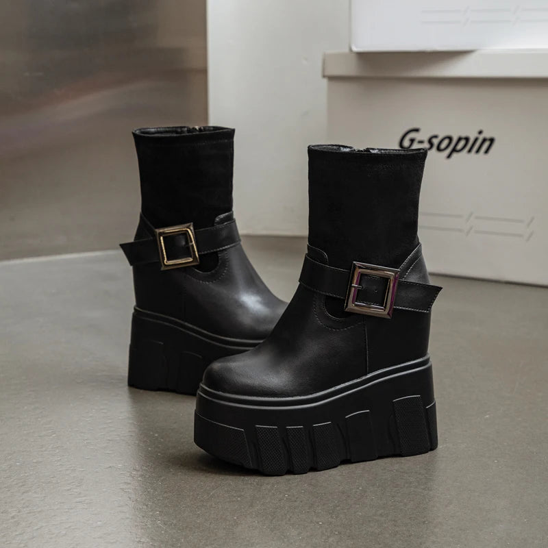 AUTUSPIN 9cm High Wedges Heeled Ankle Boots Women Fashion Long Knee-high Boots Female Wedding Party Sexy Black Warm Shoes Winter
