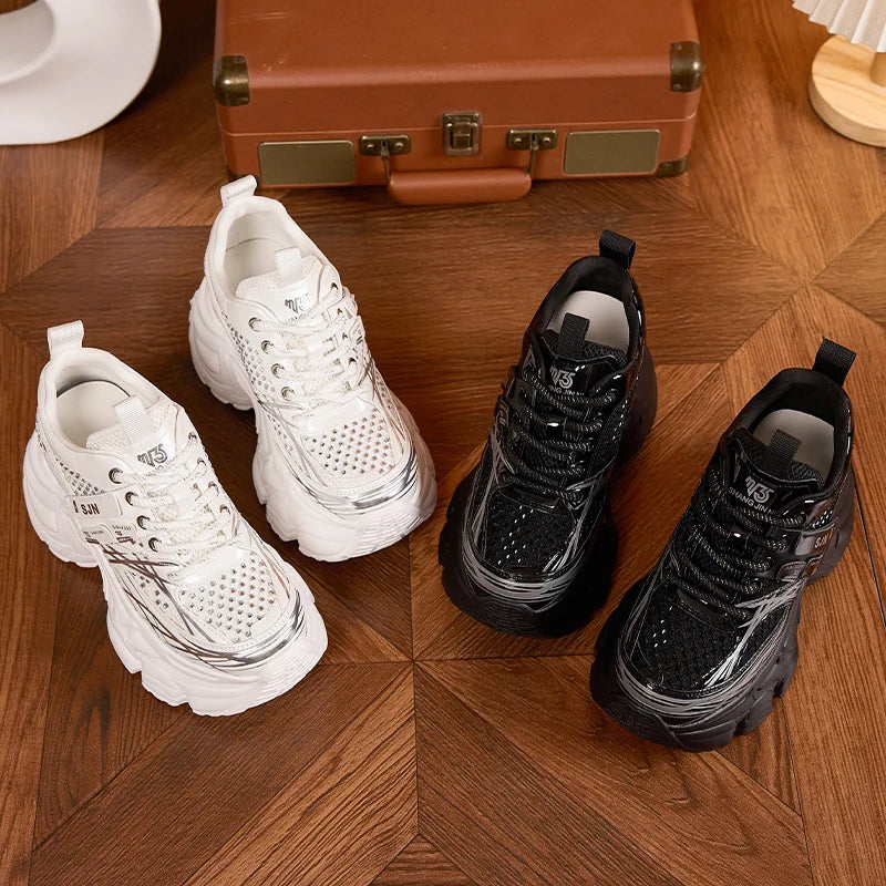 AUTUSPIN 9cm White Chunky Sneakers Women Summer Autumn Bling Rhinestones Shoes for Girls Thick Platform Footwear Size 34-39