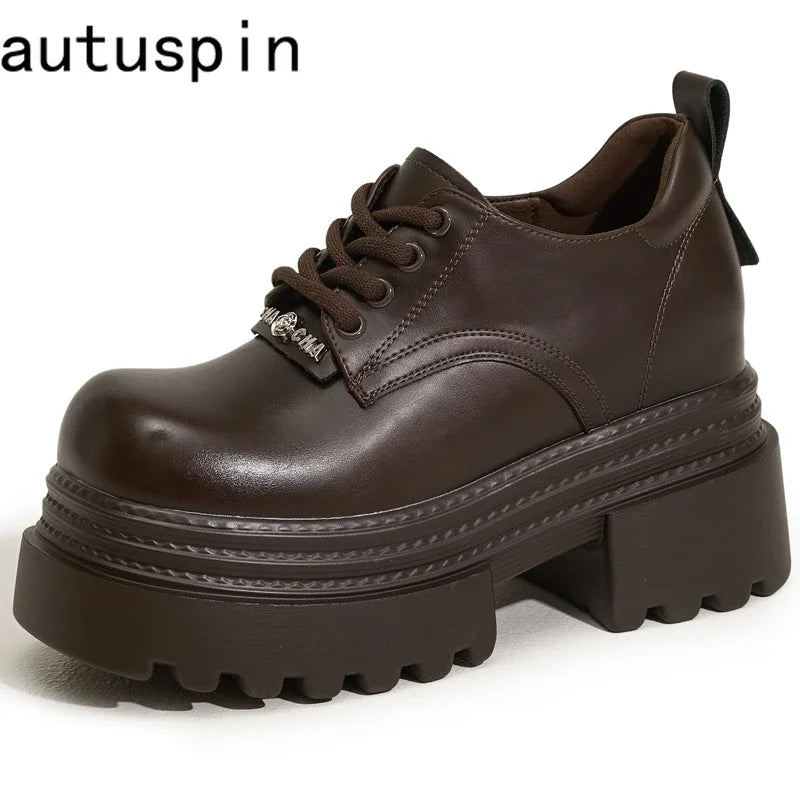 AUTUSPIN 2025 New Lace-up Women Pumps Fashion Office Ladies Leather Oxfords Shoes Daily Thick High Heels Platform Woman Loafers