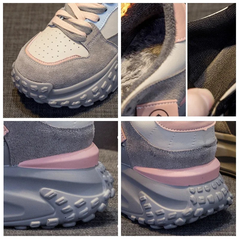 Fujin 6Cm Cow Genuine Leather Women Autumn Spring Winter Plush Warm Platform Wedge Hidden Heel Sneakers Chunky Mixed Color Shoes