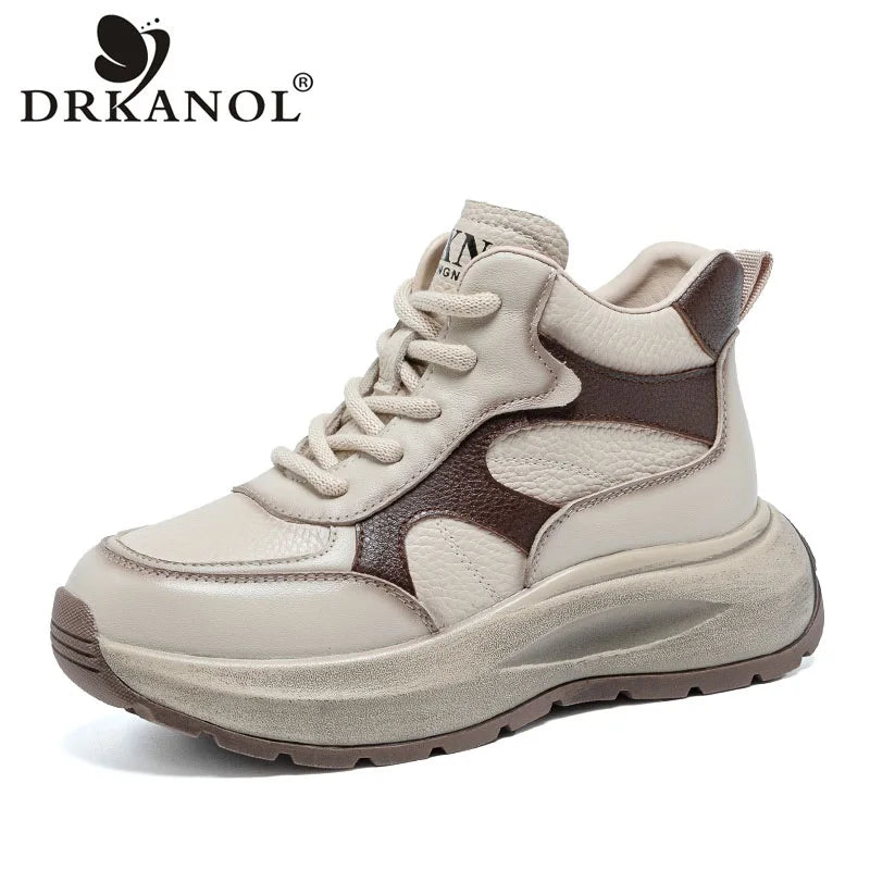 DRKANOL Women Thick Sole Platform Casual Sneakers Mixed Colors High Top Genuine Leather Wedges Heel Shoes Ladies Ankle Boots