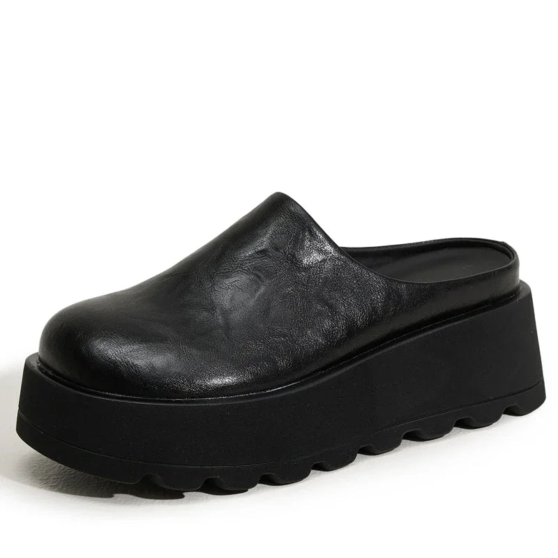 AUTUSPIN 7cm High Heels Mules Shoes for Women 2025 Spring Summer Fashion Thick Soled Ladies Slippers Round Toe Loafers Woman