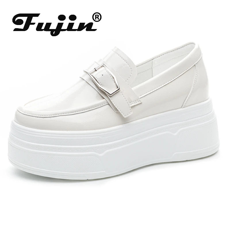 Fujin 8.5cm Patent Leather Platform Wedge Autumn Breathable Slip on Pumps Spring Synthetic Mary Jane Shoes