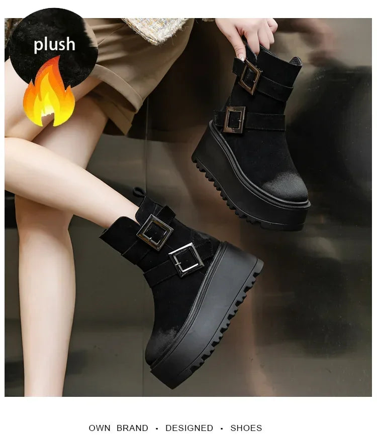 Fujin 8cm Suede Genuine Leather Ankle Booties Women Autumn Boot Flats Winter Plush Thick Sole Motorcycle Platform Wedge Shoes