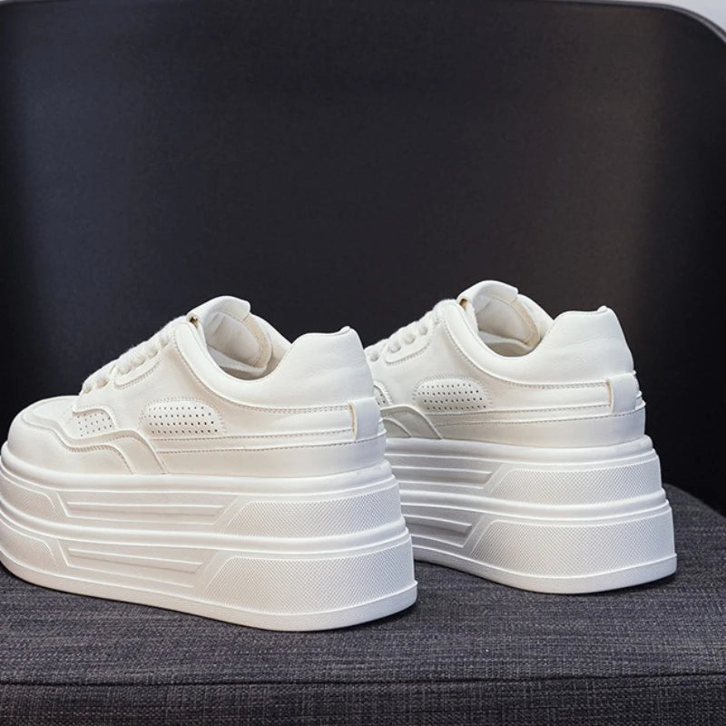 Fujin 7cm Genuine Leather White Shoes Spring Autumn Platform Sneakers Heel Casual Shoes Walking Shoes Fashion Sneakers comfy