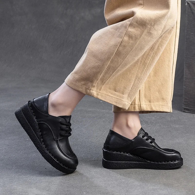 DRKANOL 2025 Spring Handmade Retro Women Wedges Shoes Quality Genuine Cow Leather Round Toe Lace-Up Comfort Casual Single Shoes
