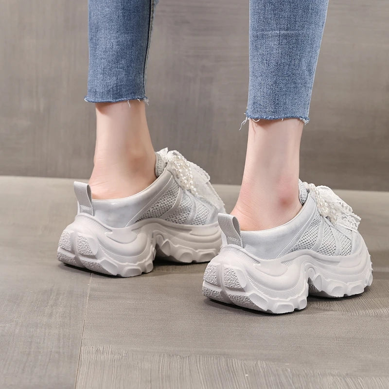 AUTUSPIN 8cm Air Mesh Synthetic Leather Vulcanize Shoes Platform Wedge Fashion Women Ins Tide Slippers Summer Breathable Sneaker