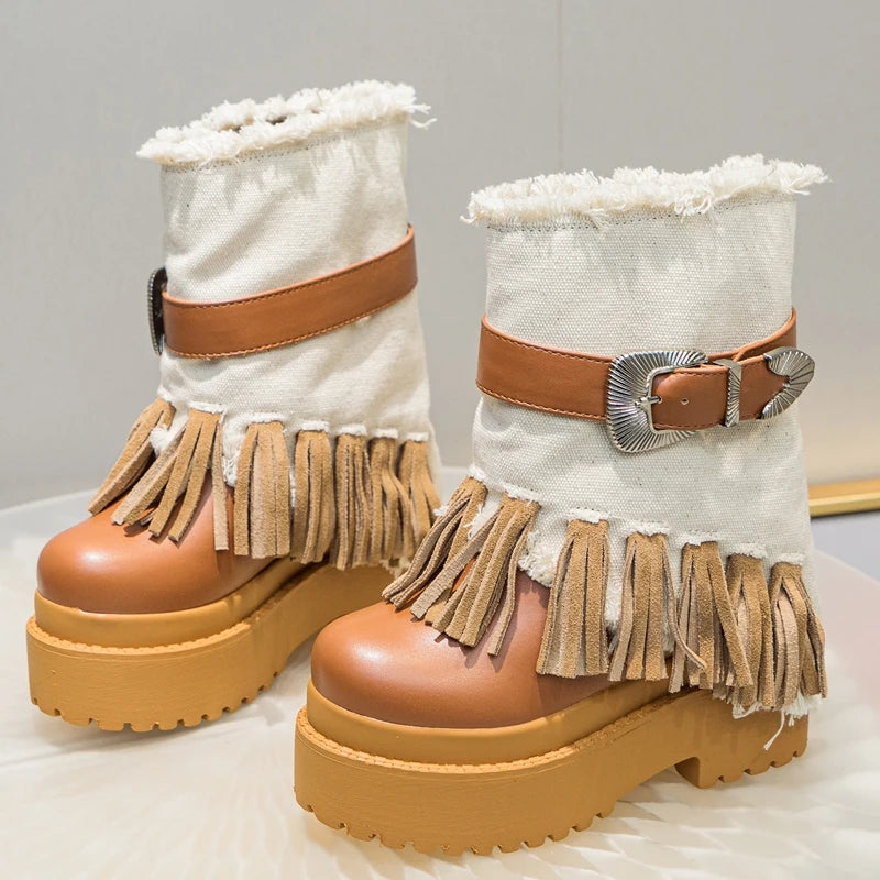 AUTUSPIN 12cm Hidden Heel Mid-calf Boots Women Retro Ethnic Tassel Morden Short Boots Female Genuine Cow Leather Platform Shoes