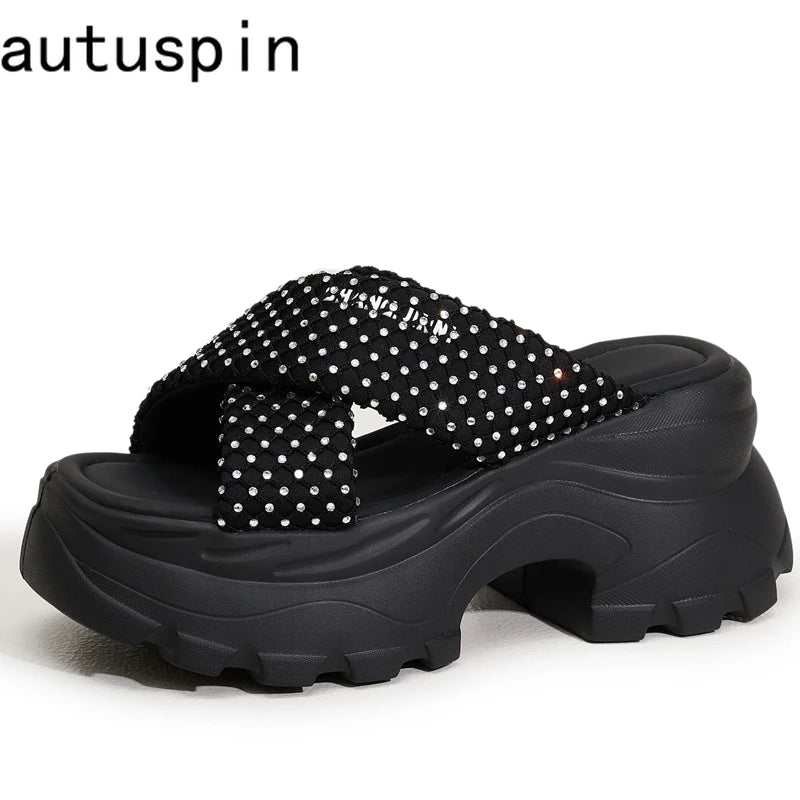 AUTUSPIN 7.5cm Fashion Slippers for Women Summer Rhinstones Shiny Slides Shoes Female Wedge Platform High Heels Thick Soled Shoe
