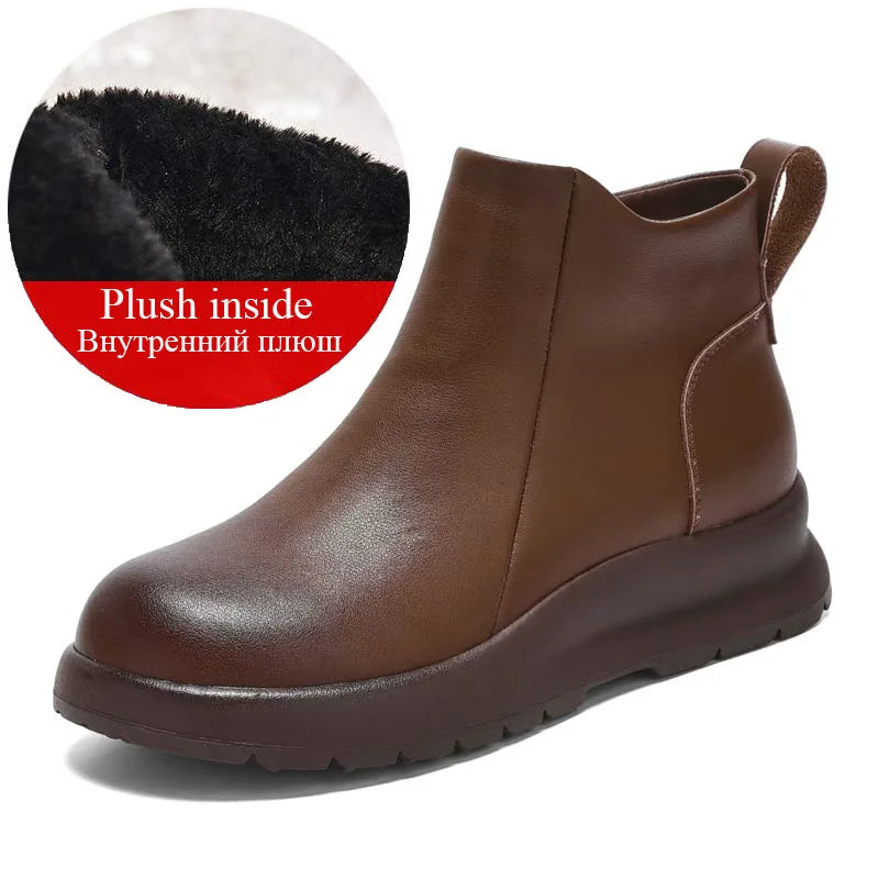 DRKANOL 2025 Thick Sole Platform Snow Ankle Boots For Women Wedges Heel Genuine Leather Short Boots Ladies Plush Fur Warm Shoes