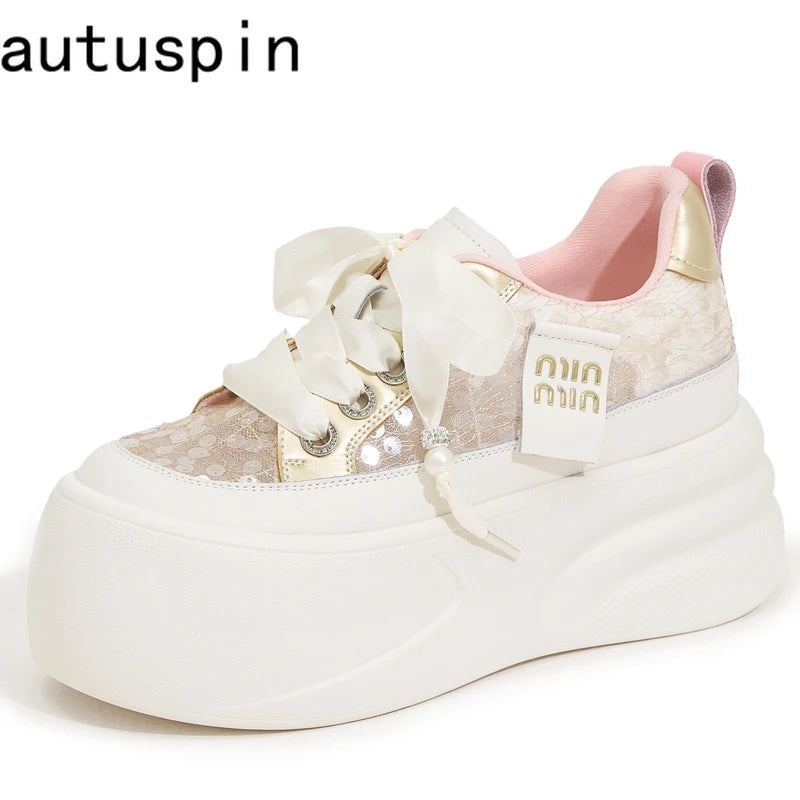 Autuspin Women Inner Height Shoes New Fashion Lace Bling Leather Summer Chunky Platform Skateboard Sneakers Ladies Trend Tide
