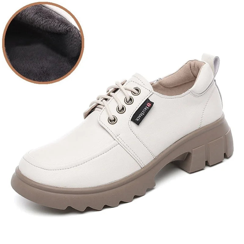 DRKANOL Fashion Women Shoes Lace-Up Round Toe Med Thick Heel Casual Shoes Ladies Real Cowhide Autumn Winter Warm Shoes H5089