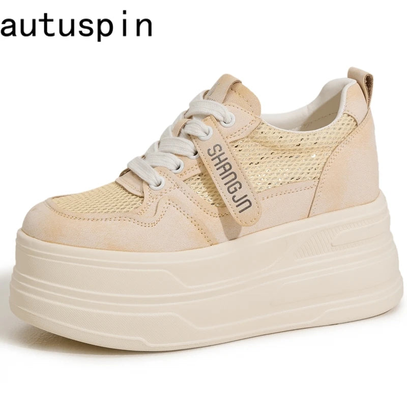 AUTUSPIN Yellow Popular Platform Sneakers Women 2025 Summer Fashion Internal Heighten Ladies Shoes Shiny Bling Mesh Footwear