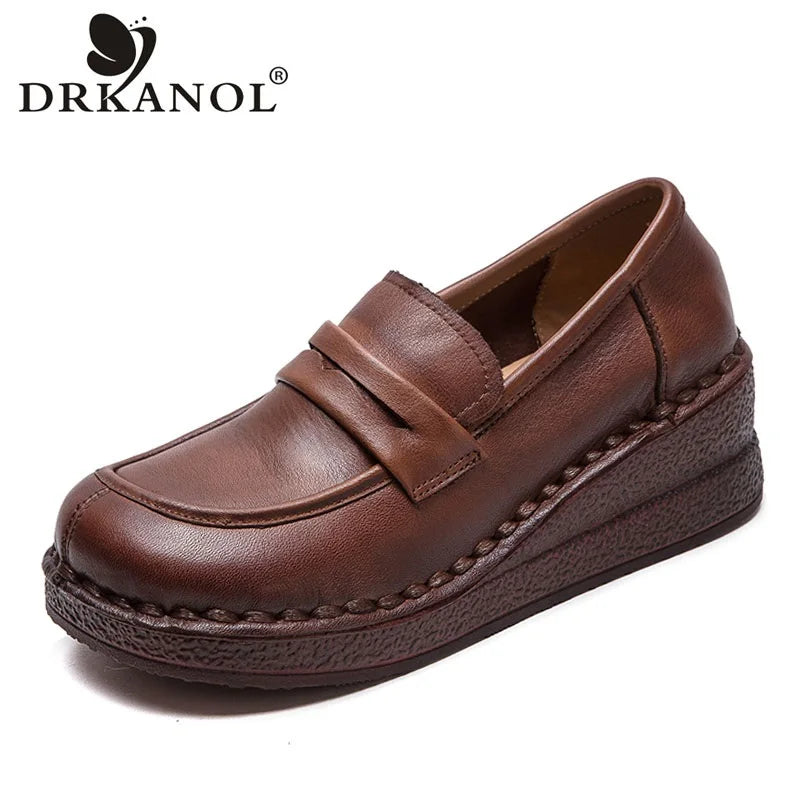 DRKANOL Women Slip On Loafers Height Increasing Wedges Heel Shoes Handmade Retro Genuine Leather Outside Casual Shoes Footwear