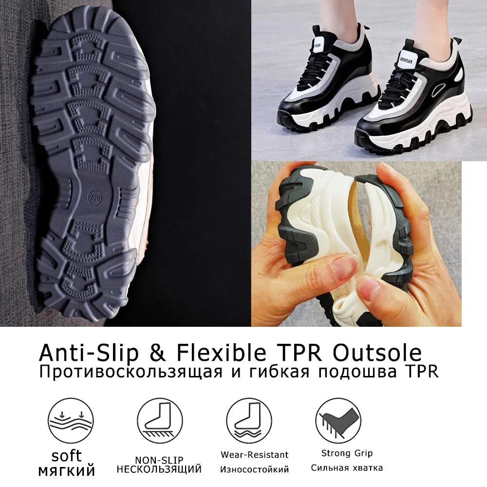 Fujin 9cm Genuine Leather Platform Wedge Hidden Heel Women Casual Shoes Chunky Sneakers Fashion Winter Warm Sneakers Boot