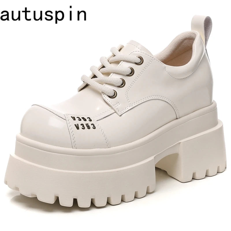 AUTUSPIN 8.5 High Thick Heels Pumps Women Fashion Platform Wedgs Loafers Ladies Microfiber Leather Oxfords Shoes Popular Beige