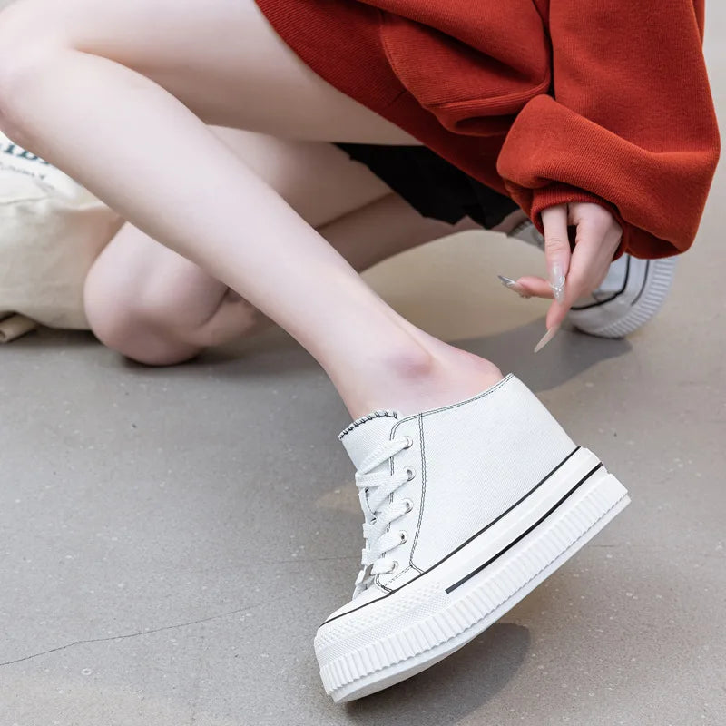 Fujin 13cm 2025 Denim Leather Platform Wedge Flats Shoes Chunky Sneaker Casual Comfy High Brand Slipper Spring Autumn Shoes