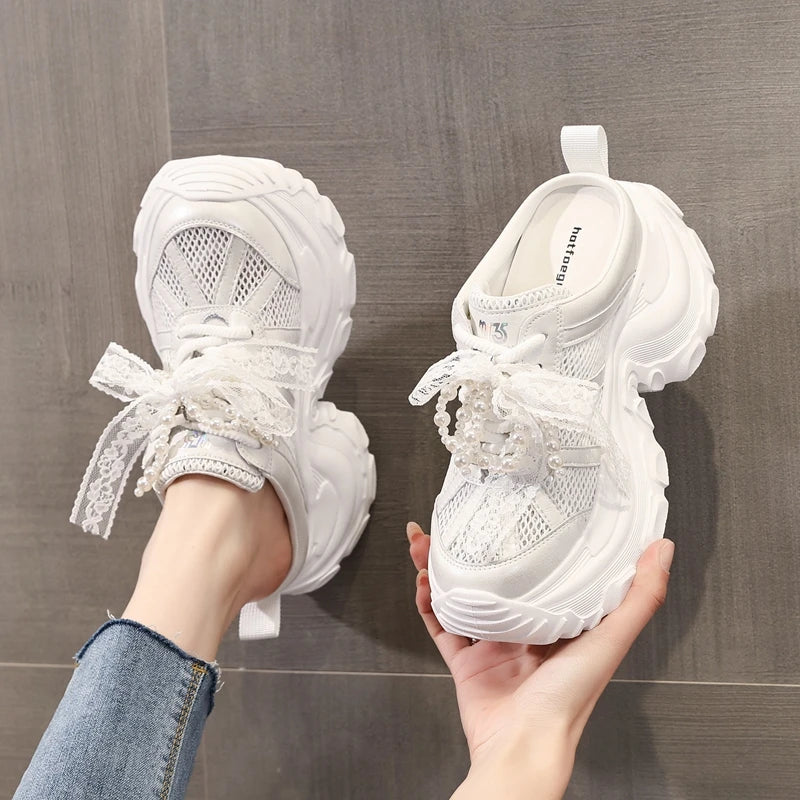 AUTUSPIN 8cm Air Mesh Synthetic Leather Vulcanize Shoes Platform Wedge Fashion Women Ins Tide Slippers Summer Breathable Sneaker