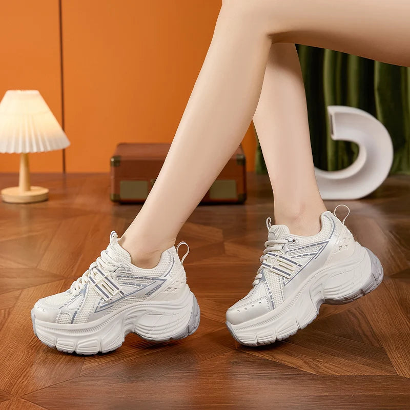 AUTUSPIN 7cm Women Mesh Shoes 2025 Autumn Chunky Sneakers Retro Lace-up Female Street Style Thick Bottom Ladies Sneaker Outdoor