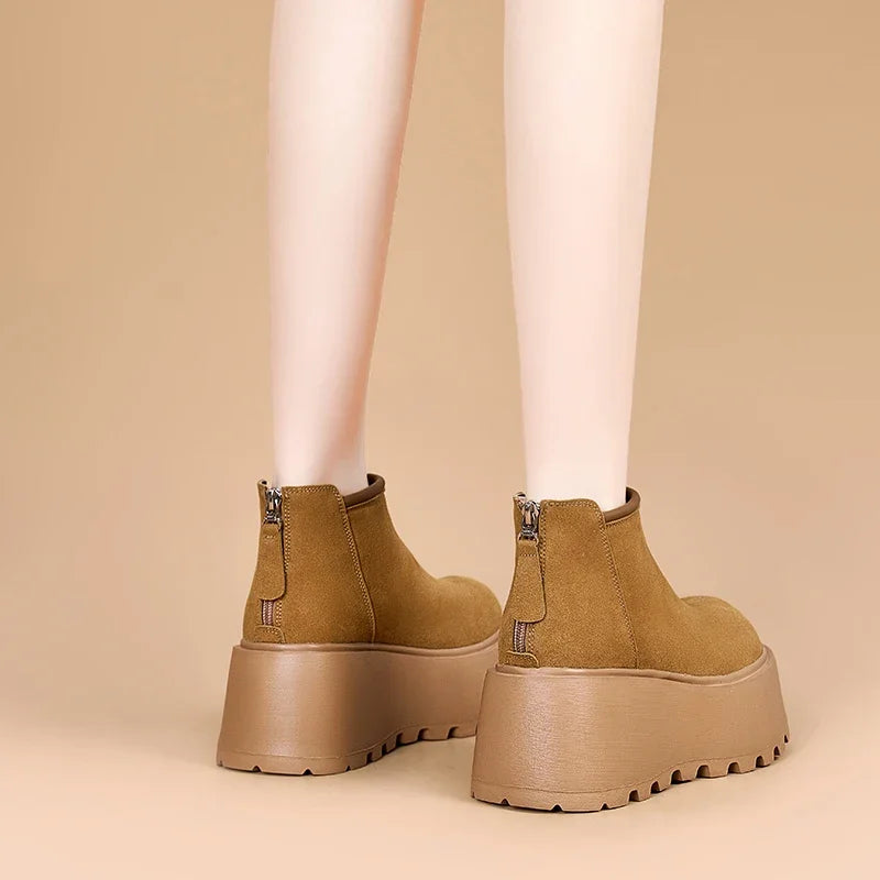 AUTUSPIN Outdoor Snow Boots Fot Women High Platform Concise Round Toe Warm Shoes Winter Flats Chunky Suede Leather Ankle Boot
