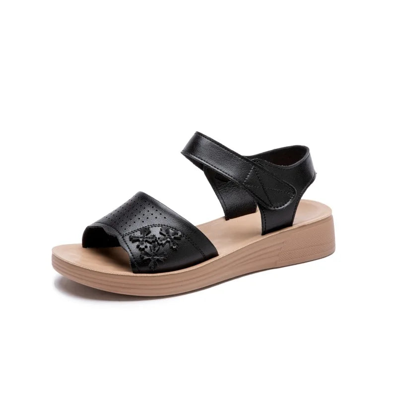 WOIZGIC Women's Female Ladies Mother Genuine Leather White Sandals Shoes Summer Beach Cool Soft Non Slip National Style