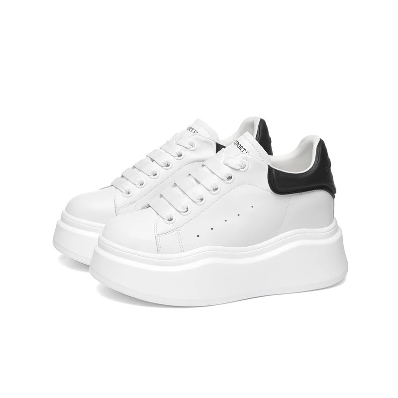 AUTUSPIN 6cm Chunky Shoes for Women Genuine Leather Lace Up Vulcanized Sneakers Spring Fashion Casual Non Slip Platform Sneaker