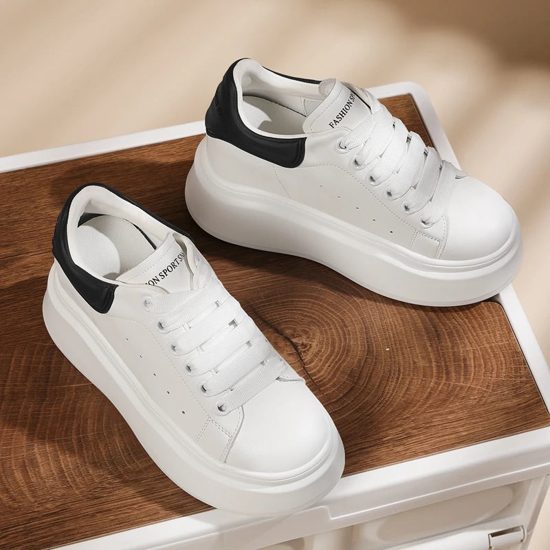 AUTUSPIN 6cm Chunky Shoes for Women Genuine Leather Lace Up Vulcanized Sneakers Spring Fashion Casual Non Slip Platform Sneaker