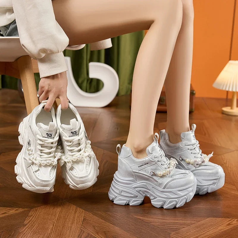 AUTUSPIN High Platform Chunky Shoes 2025 Women Fashion Beads Chains Decoration Sneakers Korean Style Female Vulcanized Shoes