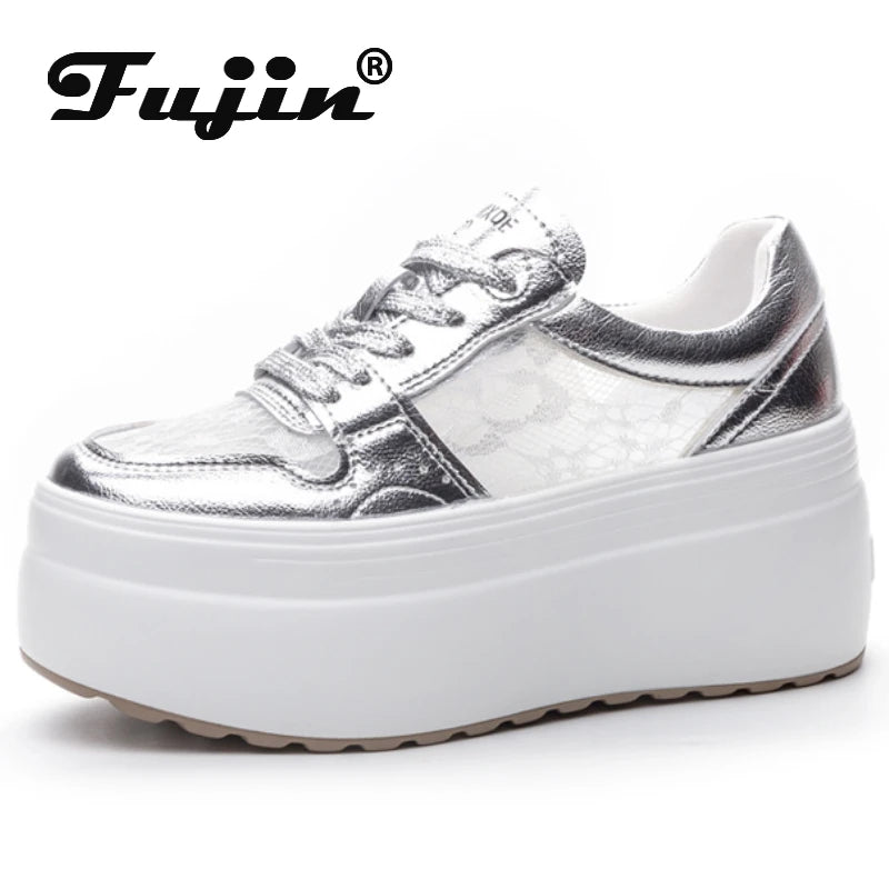 Fujin 8cm 2025 Air Mesh Microfiber Vulcanize Chunky Sneaker Lace Up Shoes Fashion Leather Flats Platform Wedge Women Ladies