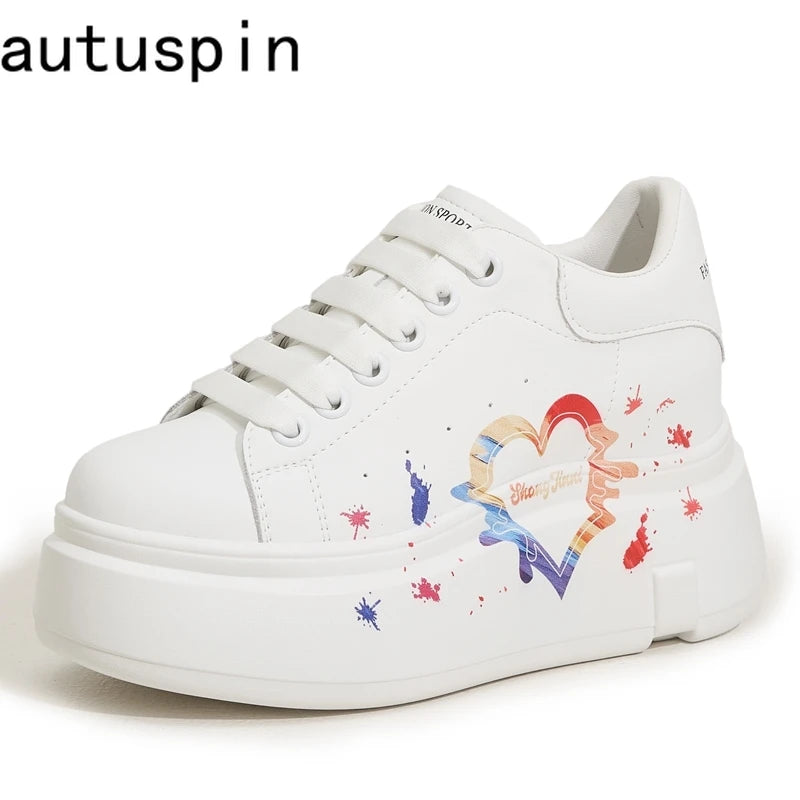 AUTUSPIN White Skateboard Shoes for Women 2025 Fashion Thick Soled Ladies Casual Leather Shoes Outdoor Tide Vulcanized Sneakers