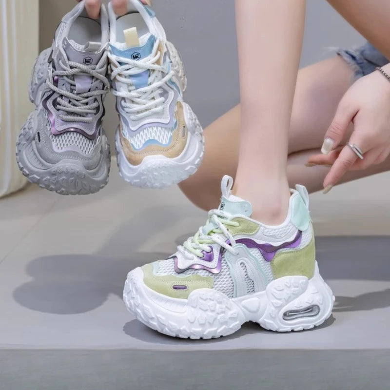 Fujin 12cm Air Mesh Shoes Mules Shoes Vulcanize Sandals Chunky Sneakers Hollow Slides Women Summer Microfiber Platform Wedge