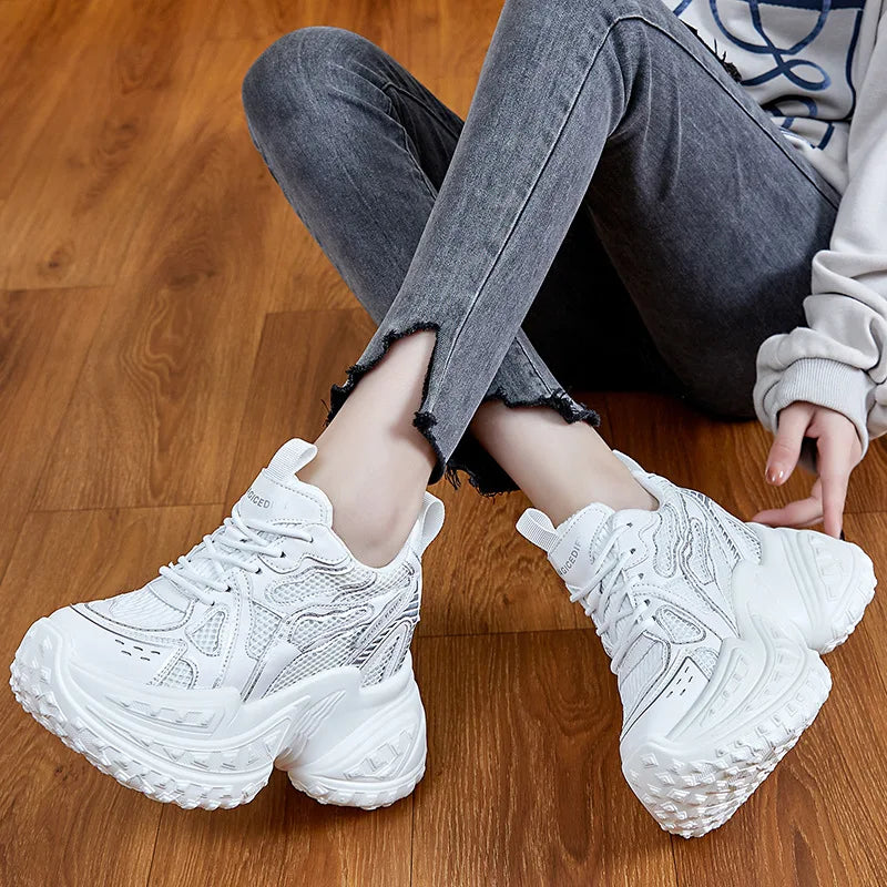 Fujin 12cm Air Mesh Microfiber Genuine Leather Spring Shoes Ankle Booties Women Vulcanize Chunky Sneakers Platform Wedge Autumn