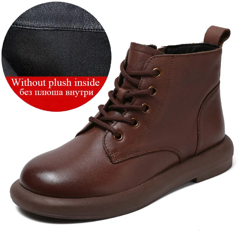 DRKANOL Autumn Winter Warm Flat Heel Ankle Boots For Women Handmade Retro Round Toe Genuine Leather Comfort Casual Short Boots